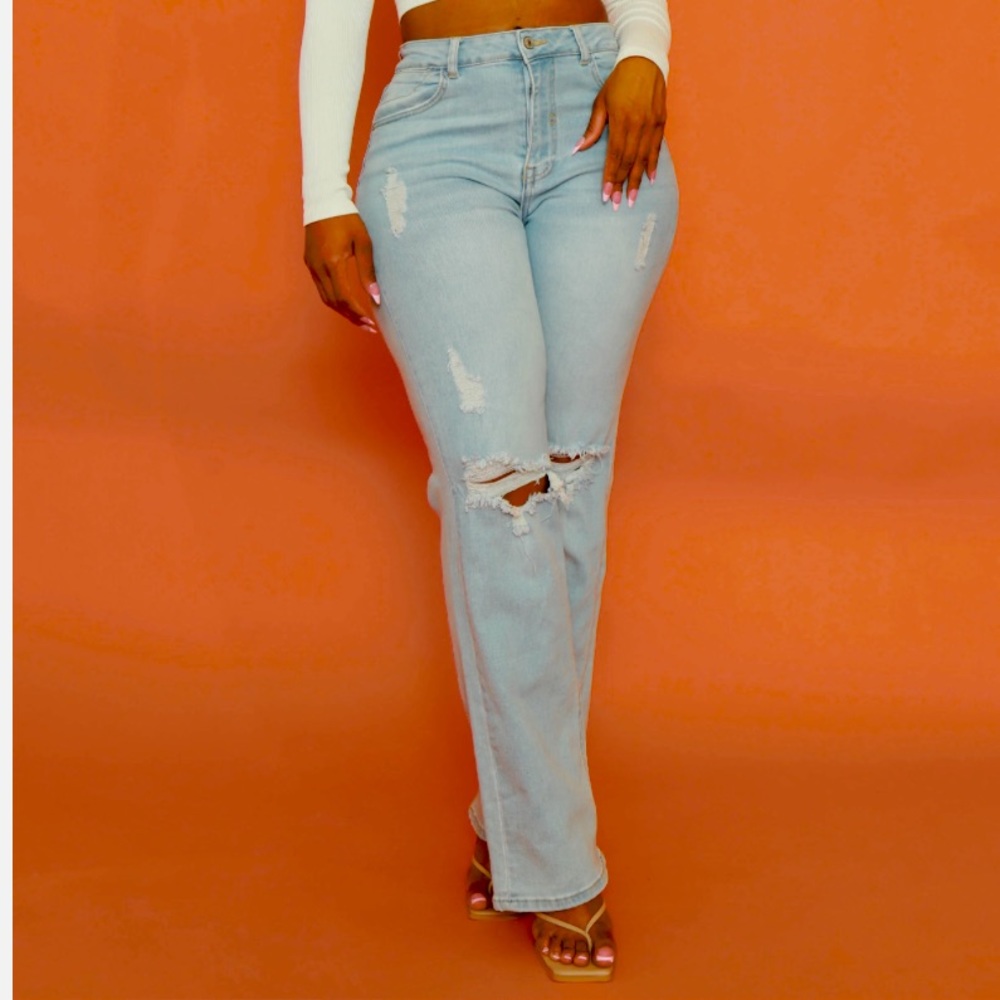 High Rise Straight Distressed Denim Jeans